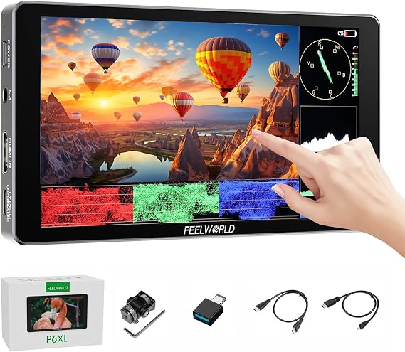FEELWORLD P6XL 6 Inch 1200nits Camera Field Monitor Built-in 3000mAh Battery with HDR 3D LUT Touchscreen 4K HDMI All Waveform Help Creators Outdoor Accurate Focus and Expose