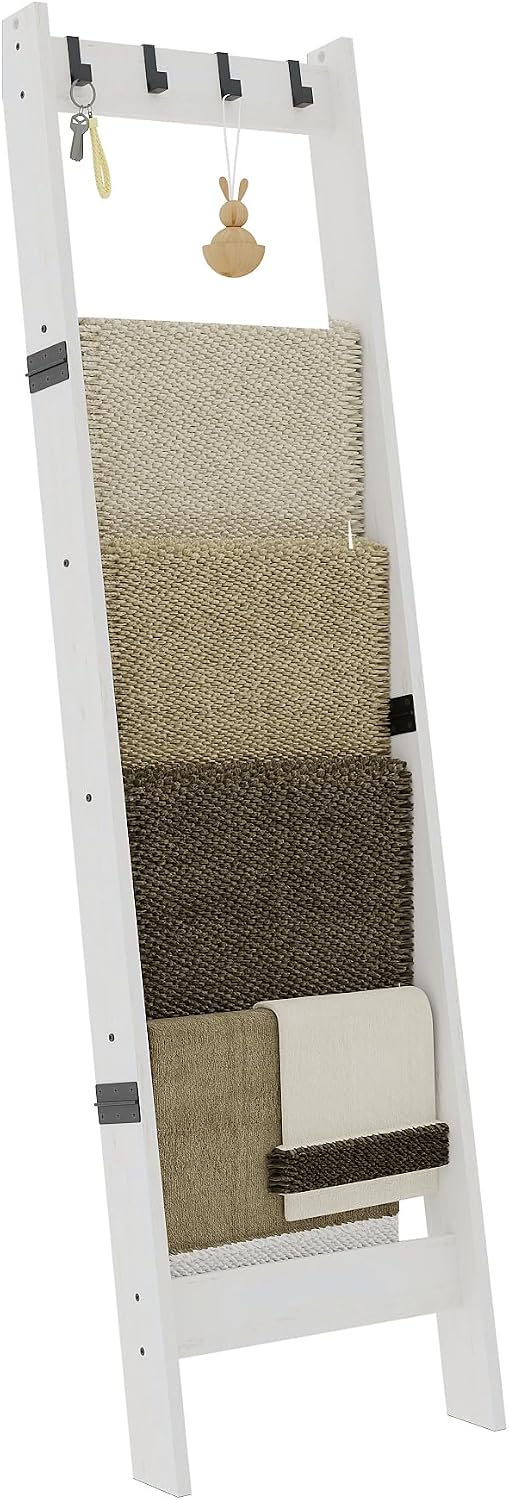 TRIFEBLE Blanket Ladder for Living Room, 6 Tier Ladder Shelf with Removable Hooks, Decorative Farmhouse Ladder Holder, Wall Leaning Holder Rack for Bathroom, Bedroom, White