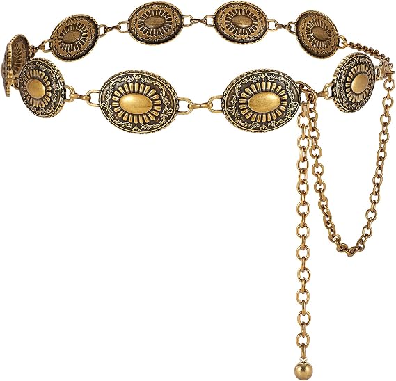 TRIWORKS Western Concho Belt for Women Gold Chain Cowgirl Boho Belt for Dresses, Jeans & Country Concerts