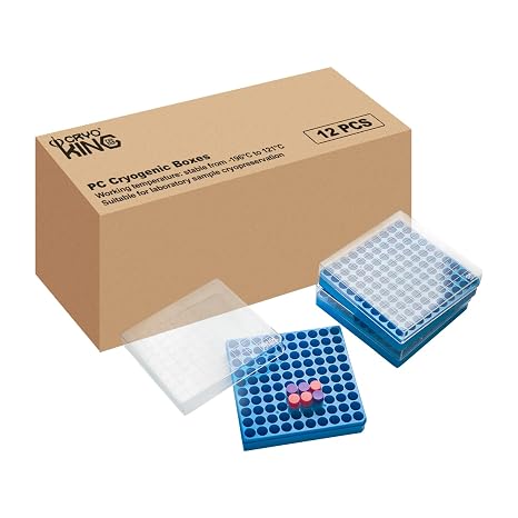 100-Well Cryo Boxes, 1 in Height, PC Cryoboxes, Blue, 12/Case | Numbered Grids for Sample Identification, Compatible with 0.5ml Lab Cryovials, Stable from -196 C to 121 C