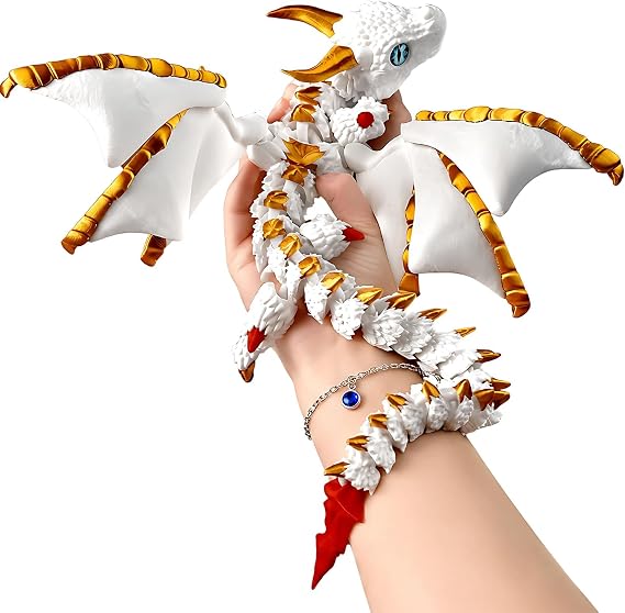 3D Printed Dragon Set, Large 30 cm, 3D Printed Animals Horned Dragon, 3D Dragon in White Gold Red, 3D Printed Poseable Figure for Desk Decor