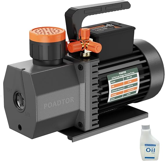 POADOTR 2-Stage Vacuum Pump HVAC, 5CFM Vacuum Pump for R12 R22 R134a R410a, HVAC/AUTO AC Refrigerant Recharging, Milking Cow, Oil Included
