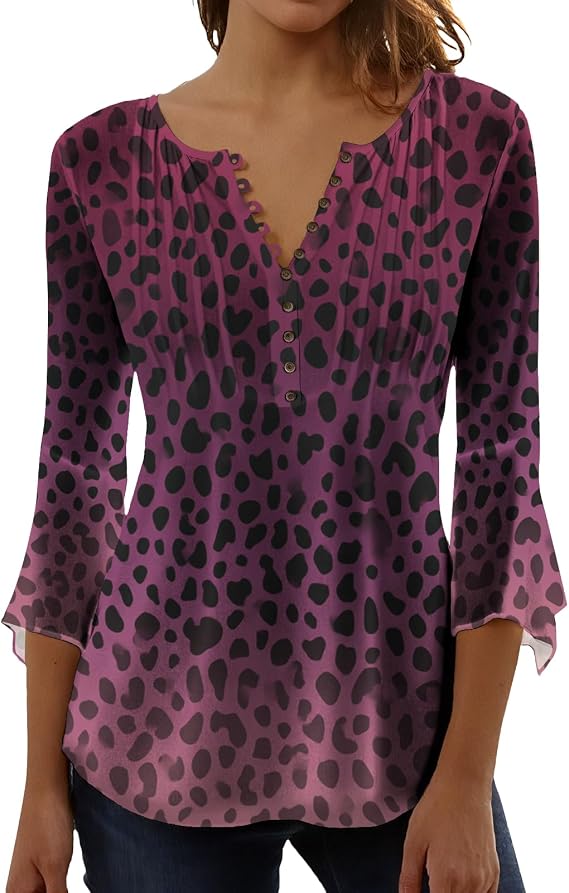 Trendy Tops for Women 3/4 Length Sleeve Button Up Pleated V Neck T Shirts Comfy Boho Floral Casual Blouse