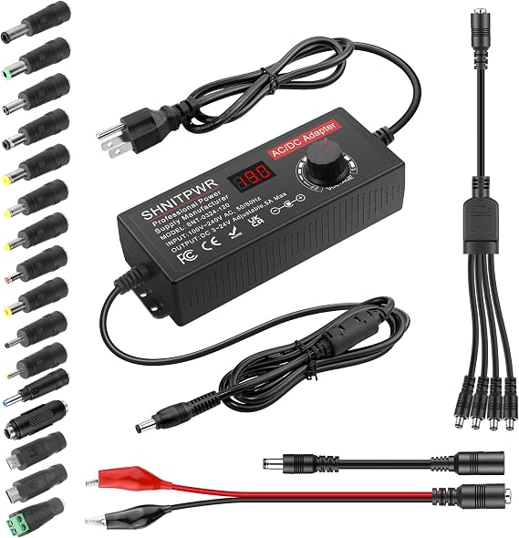 SHNITPWR DC 4V~24V Adjustable Universal Power Supply 120W 5A Max AC Adapter 100-240V AC to DC Converter Variable DC 12V with 16 Tips,4-Way Splitter Power Cable,Polarity Converter,Alligator Clip