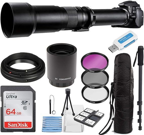 Commander Optics Super 650-1300mm / 2600mm (with 2X Teleconverter) f/8 Manual Telephoto Lens Zoom for Canon EOS EF-S DSLR Cameras + Photo Essential Accessory Kit