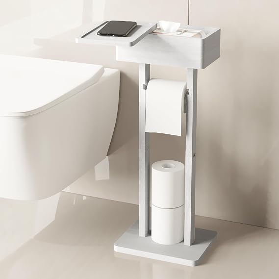 Wealone 4-in-1 White Toilet Paper Holder Stand with Storage Shelf Box, Bamboo Free Standing Toilet Tissue Roll, Toilet Wipes Dispenser Organizer, Temporary Desktop for Bathroom (Patent Protection) | Bamboo Free Standing Toilet Tissue Roll, Toilet Wipes Dispenser Organizer, Temporary Desktop for Modern Bathroom Organizer
