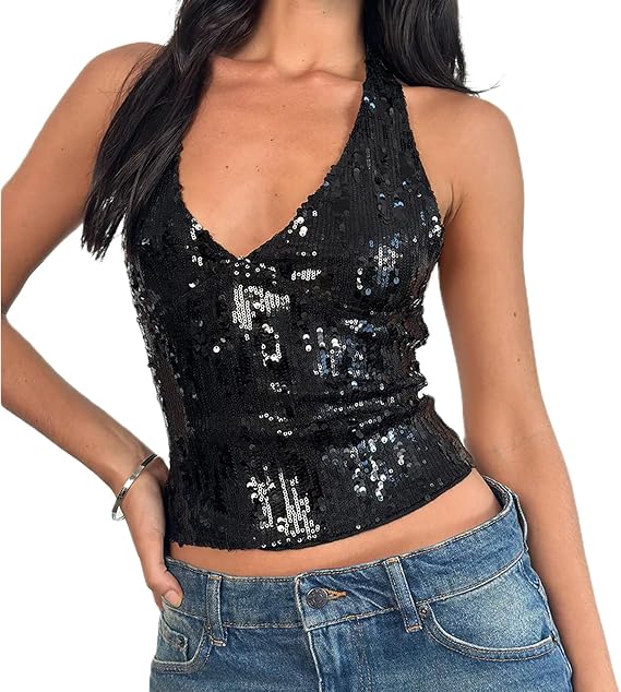 Women Halter Sequin Cami Top Sparkly Sleeveless Crop Top Sexy Glitter Backless Party Club Going Out Tank Top