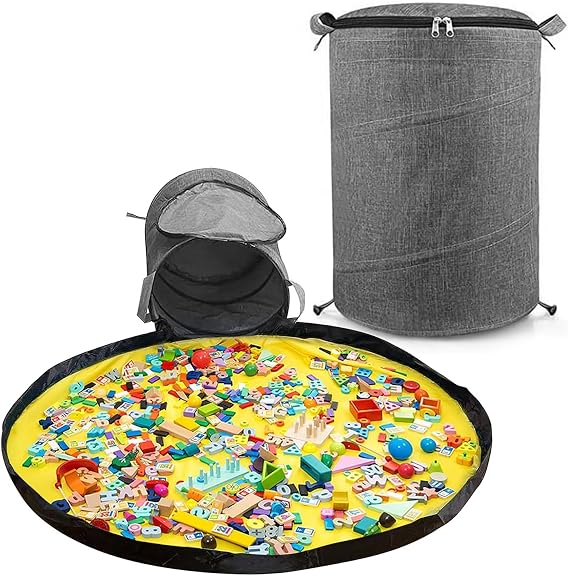 Children's Toy Storage Bag with Play Mat and Zipper Tidy Bag / Organiser for Building Blocks Cars Dolls and Other Toys - Grey