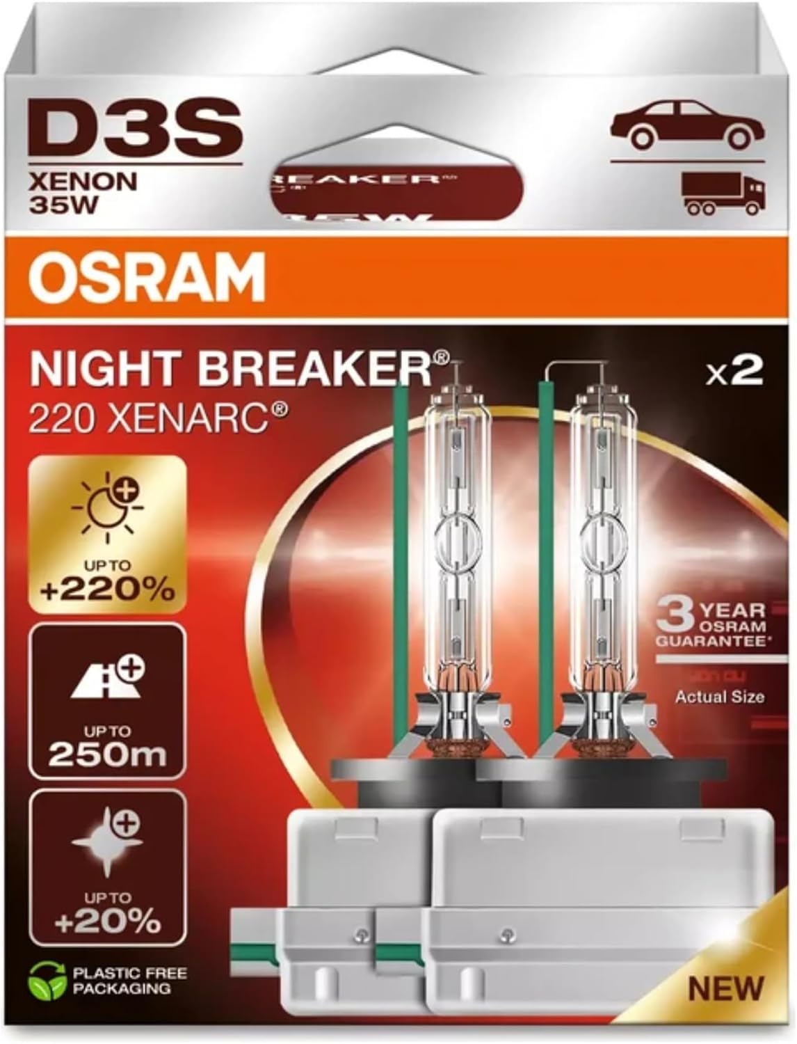 OSRAM D3S XENARC NIGHT BREAKER LASER Xenon Headlight Bulb, 220% More Views, 250 Meters Viewing Distance, 3 Years Warranty, Pack of 2