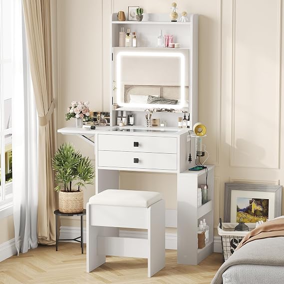 Vabches Small Makeup Vanity Desk with Fold-up Panel, White Vanity Set