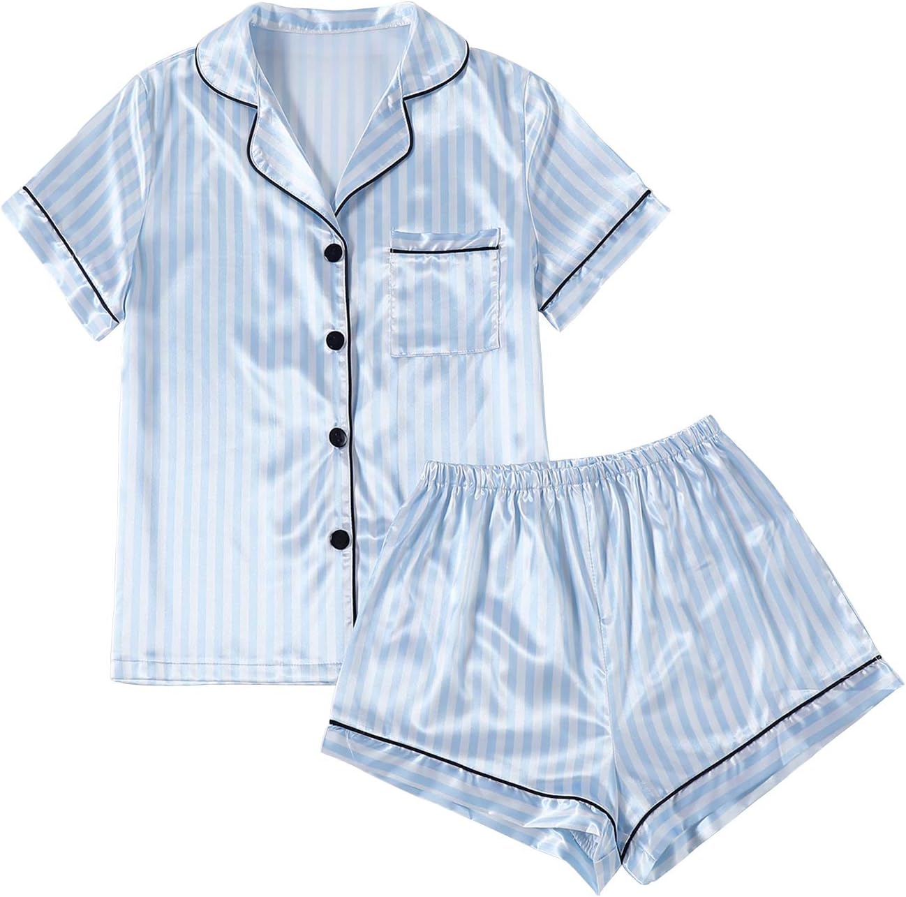 LYANER Womens Striped Silky Satin Pajamas Short Sleeve Top with Shorts Sleepwear PJ Set