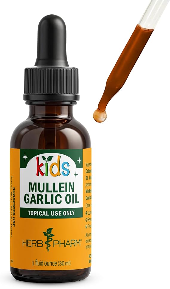 Herb Pharm Kids Mullein Garlic Ear Oil: Alcohol-Free Herbal Ally for Kids, Made with Certified Organic Mullein, Certified Organic Garlic, USDA Organic Calendula, Topical Use Only, for Children, 1 oz