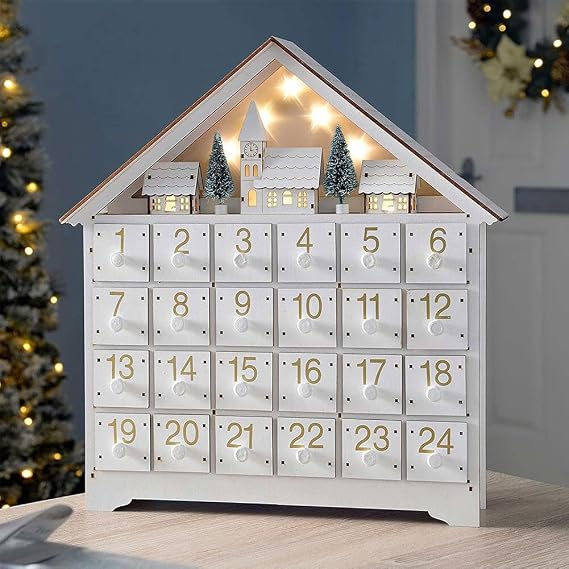 LED Christmas Advent Calendar with 24 Storage Drawers Wooden Advent Calendar Decorated with Christmas Tree House Reusable Xmas Countdown Calendar DIY for Adults Kids Gifts Holiday Decoration (White)