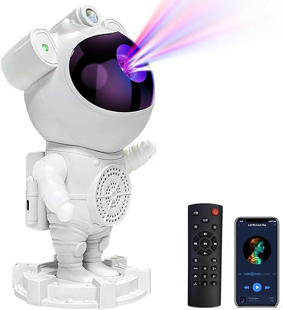 Astronot Galaksi Projektörü Gece Lambası, 8 Farklı Nebula Işık ve Ay Yansıtma Modlu Galaxy Projeksiyonu, Uzaktan Kumandalı, Bluetooth Hoparlörlü, Çocuklar ve Yetişkinler İçin Gökyüzü Projektörü [Enerji Sınıfı A+++]