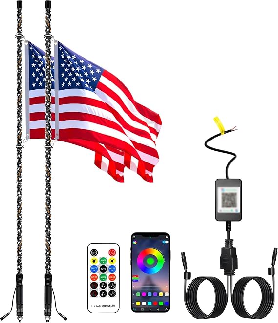 2 Pack 4FT Whip Lights, LED Whip Light with App & Remote Control, Spiral RGB Chasing Lighted Antenna Whips, Whip Light for UTV ATV RZR SXS Can-Am Dune Buggy Offroad Truck (4FT)