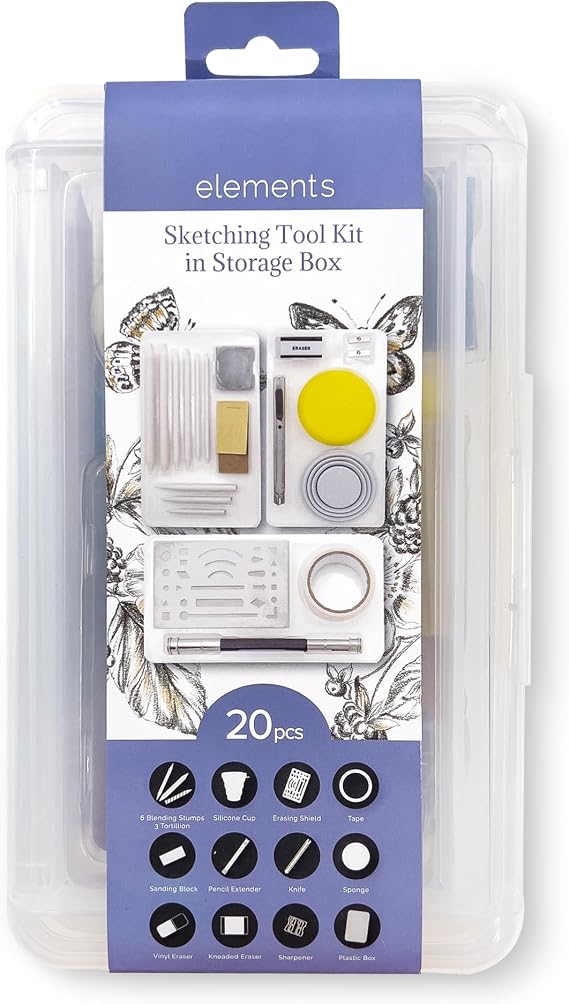Elements Sketching Tools 20 pcs with Storage Box - Blending Stumps, Tortillons, Erasers, Tape and Accessories for Drawing and Shading - Holiday Art Supplies and Season Gift List