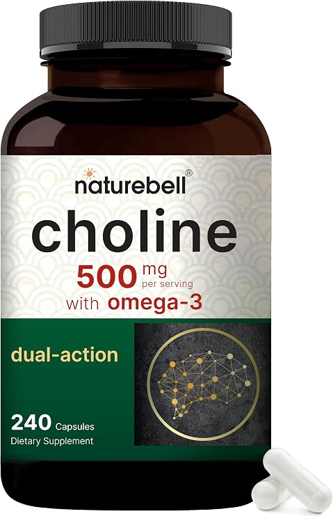 NatureBell Choline 500 mg with Omega-3 Fatty Acids, 240 Capsules | Extra Strength 2-in-1 Choline Bitartrate Formula | Non-GMO