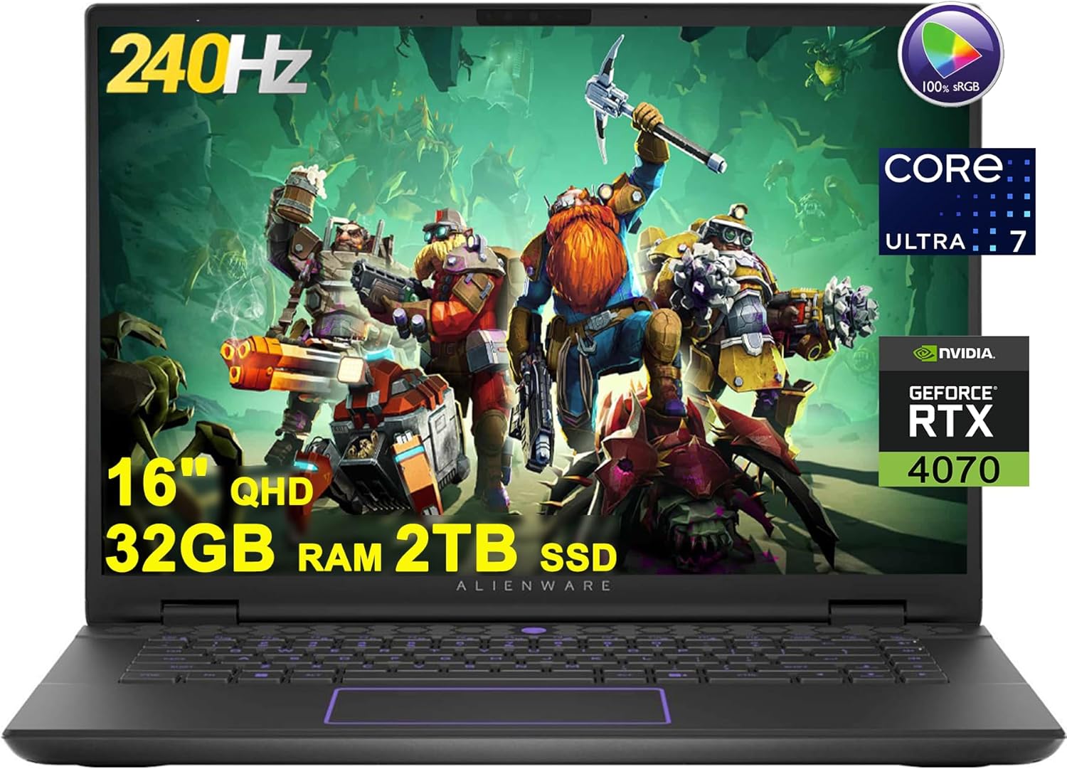 DELL Alienware M16 R2 Gaming AI PC Laptop 16 QHD 240Hz 100% sRGB, 3ms Intel 16-Core Ultra 7 155H 32GB RAM 2TB SSD GeForce RTX 4070 8GB Graphic Backlit Thunderbolt FHD IR Camera 2.5GB Ethernet Win11