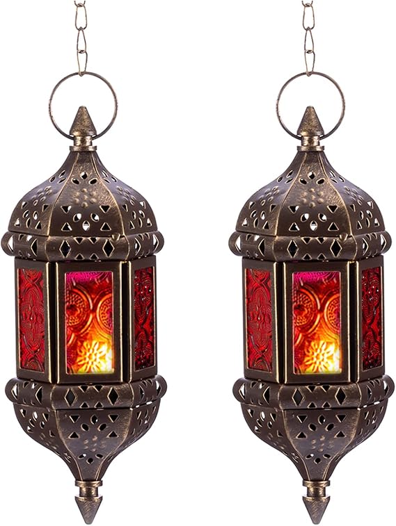 2 Pcs Hanging Hexagon Decorative Moroccan Candle Lantern Holders, Handmade Hanging Tea Light Holder in Bronze Metal & Red & Purple Glass Gift & Decor Items | 2 Pcs Metal & Glass Ramadan Lamp Decorative Lanterns for Living Room Balcony Patio Halloween Christmas Decorations