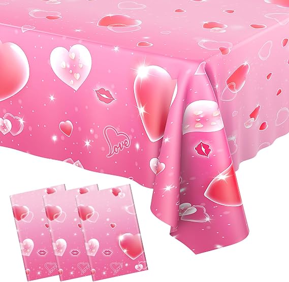 3 Pcs Valentines Day Tablecloth - Pink Heart Love Valentine Table Cloth Disposable, Plastic Rectangle Valentine's Table Cover for Valentine Day Wedding Anniversary Party Supply Tables Decor,108"x54"