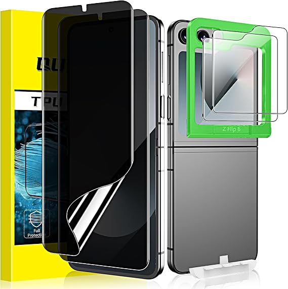 4 Pack Privacy Screen Protector for Samsung Galaxy Z Flip 6, Privacy Inner Flexible TPU Film + Back Tempered Glass Screen Protector with Alignment Tool, Self-Healing, Scratch Resistant