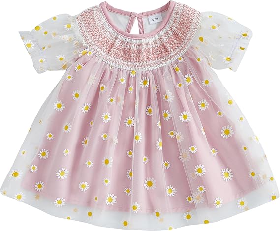 Baby Girl Dress Smocked Puff Sleeve Mesh Tutu Tulle Dresses Princess Birthday Baptism Wedding Dresses Summer Clothes
