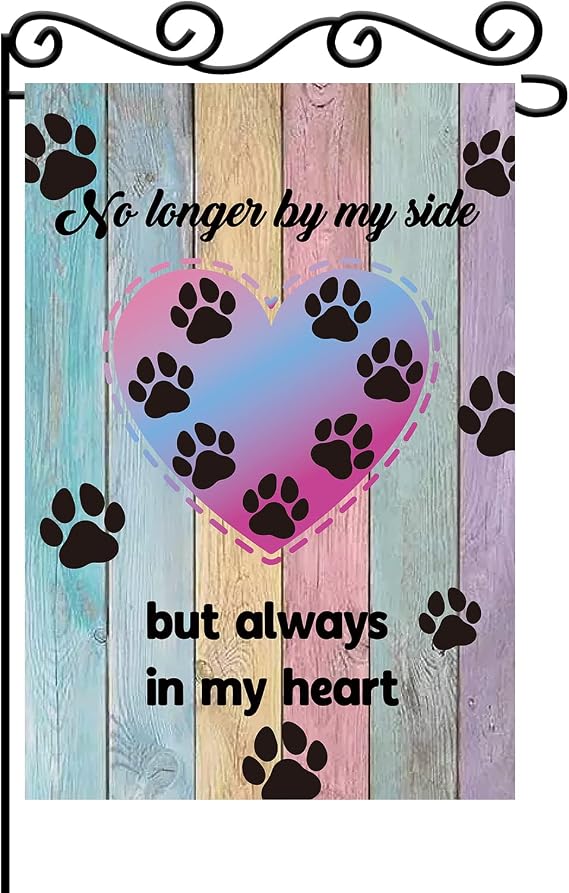 MEFENG No Longer By My Side But Always In My Heart Garden Flag - Paw Print Coloful Wooden Board Garden Banner - Pet Memory Lawn Sign Yard Flag - Dog Cat Loss of Beloved,12 x 18 Inch