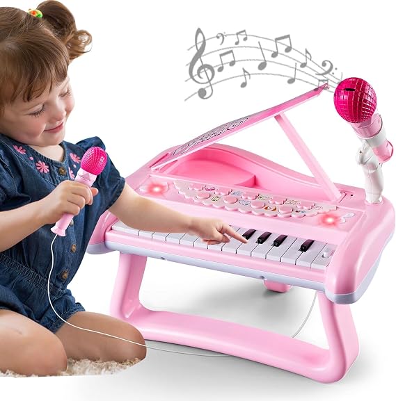 Pink Piano Keyboard for Baby Girls, 22 Keys Musical Instruments for Kids 3 4 5Years Old with Microphone, Educational Sound Toy, Birthday Easter Gift for Toddlers