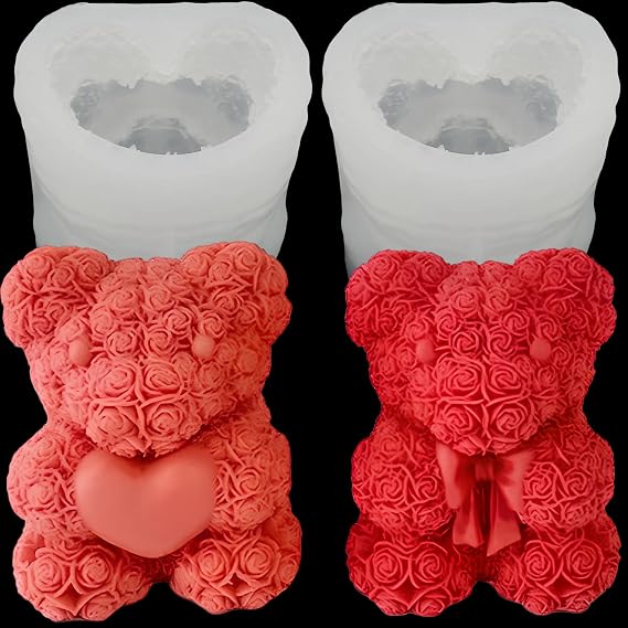2Pack 3D Rose Bear Silicone Molds Candle Making Molds Mother's Day Silicone Molds Resin Bear Silicone Mold for Women Gifts,Birthday/Wedding/Mother/Father Gift,and Window Display