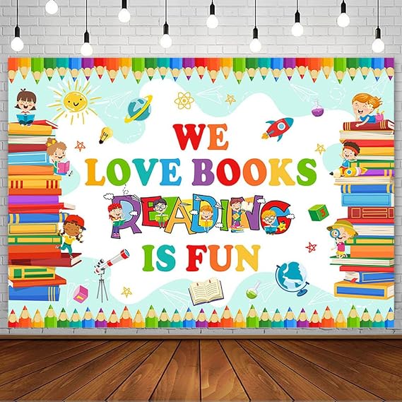 AIBIIN 7x5ft World Book Day Backdrop for Photography We Love Books Reading is Fun Children Students Classroom Reading Decorations Library Banner Elementary Wallpaper Photo Booth Props