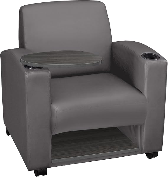 Regency Nova Arm Chair with 360-Degree Swiveling Tablet, Ash Grey Finish, Grey Vinyl Upholstery, Under-Seat Storage, Ergonomic Design for Office, Home, Study, or Lounge Seating