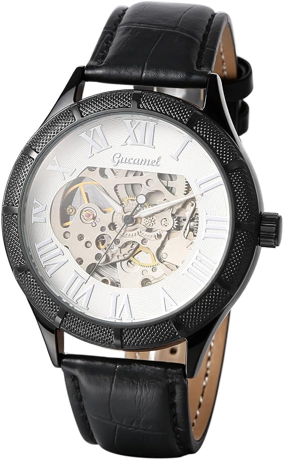 JewelryWe Men's Automatic Mechanical Watch: Black Leather Strap Wristwatch with Easy-Read Analog Roman Numerals Dial and Luminous Hands for Business Casual Wear