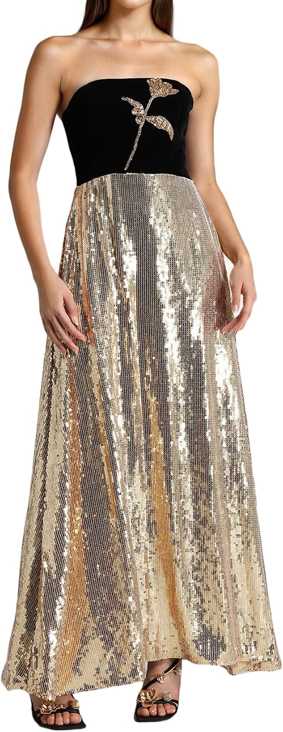 BELLA BARNETT Gold Sequin Dress Patchwork A Line Dress Strapless Dress