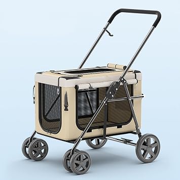 Pet Stroller for Cats Dogs, Foldable Cat Stroller, Dog Stroller with Detachable Carrier Bag, 4 Wheels Cat Dog Stroller Travel Carrier for Small Medium Cats Dogs,Beige