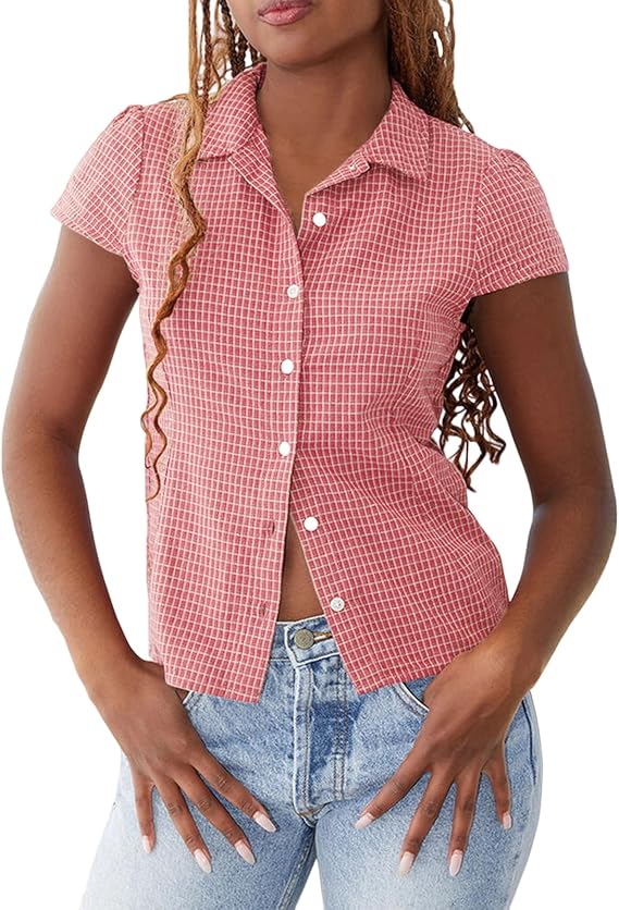 Women Y2k Plaid Button Up Shirt Cute Preppy Short Sleeve V Neck Gingham Top Coquette Going Out Top
