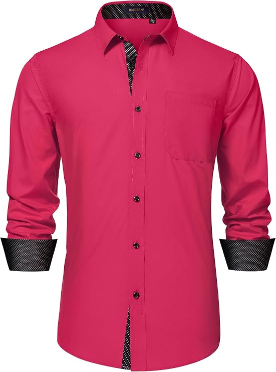 HISDERN Mens Business Dress Shirts Long Sleeve Casual Button Down Shirt Formal Inner Collar Contrast Shirt for Men Wedding