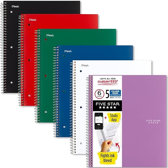 Five Star Spiral Notebook + Study App, 6 Pack, 5 Subject, College Ruled Paper, Fights Ink Bleed, Water Resistant Cover, 8-1/2" x 11", 200 Sheets, Assorted Colors (73793)