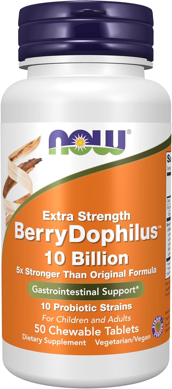 NOW Foods Supplements, BerryDophilusTM, Developed for Adults & Children with 10 Probiotic Strains, Extra Strength,Strain Verified, 50 Chewables