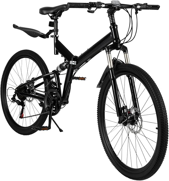 26 inch Folding Mountain Bike 21-speed MTB with Reflector Lamp, Mudguard and Double Disc Brakes Adjustable Seat Height Foldable Bicycle for Mountain Trails, Commuting
