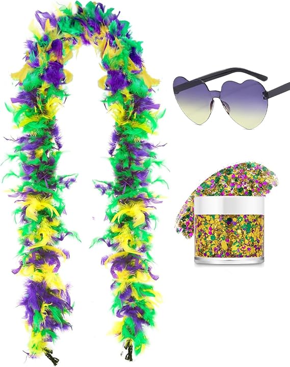 SHENYI 45g 2Yard Feather Boa with Body Glitter and Heart Sunglasses for Women and Teen Girls Bachelorette Party Halloween
