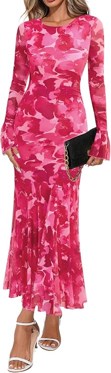 Lazysmile Women's Long Sleeve Floral Maxi Wedding Guest Dresses | Fall Formal, Crewneck, Bodycon, Mesh, Ruffle Hem, Cocktail Party Dress