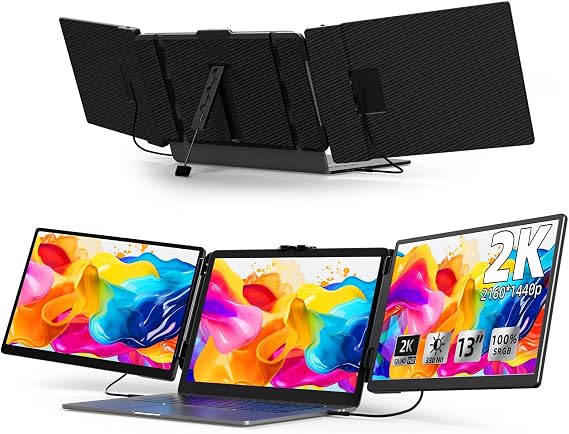 KOJOM 2K Laptop Screen Extender - 13" IPS 1440P Triple Screen Laptop Monitor Extender Plug & Play Multi Screen Attachment for 13"-17" Laptops Compatible with Wins Mac Dex Chrome Travel Gaming Work