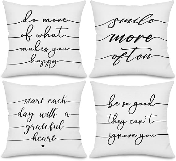 Inspirational Quotes Throw Pillow Covers 18x18 Inch, Set of 4 Motivational Words Black White Decorative Cushion Cases, Modern Farmhouse Home Decor for Sofa Couch Bedroom Office