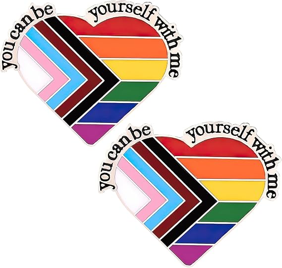 2Pcs Pride Badges, LGBT Pride Gay Badge, TAdibu You Can Be Yourself With Me Enamel Pin LGBTQ Lapel Pin Rainbow Heart Brooch for Men's and Women's Clothing, Backpacks and Hats Decorative