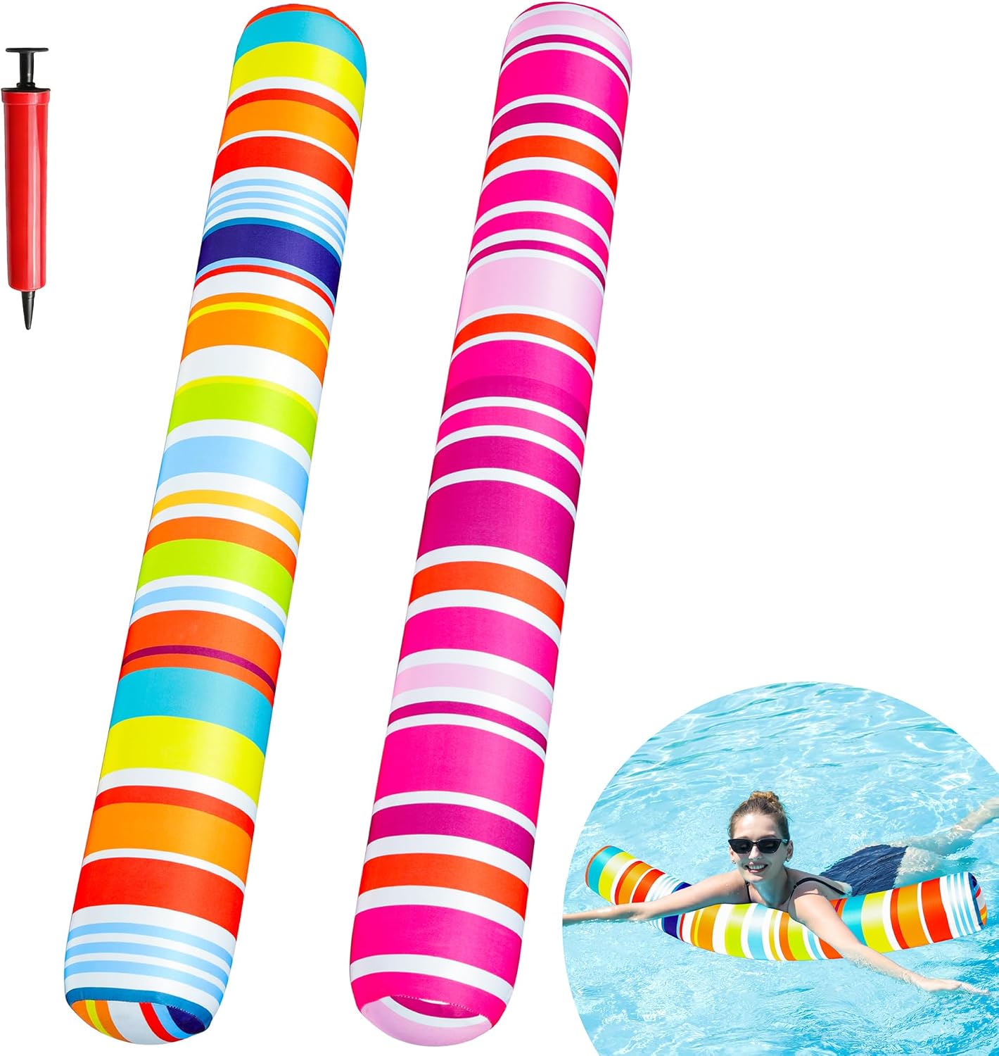 FindUWill Inflatable Swim Pool Noodles, 2 Pack Soft Fabric Covered Large Swim Noodles, Premium Buoyancy for Swimming Floating, Pool Floats Toys for Adults Pool Accessories