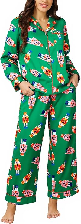 MYHALF Christmas Pajamas for Women Long Sleeve Pajama with Pockets Button Down Pjs Sets V Neck Fall Pj Lounge Set