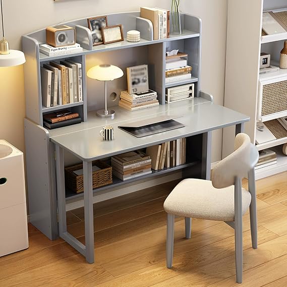 solid wood desk,Convertible Folding Desk with Bookshelf, Solid Wood Foldable Writing Table, 31.5" Home Office Computer Desk with Storage Shelves, Grey Study Table