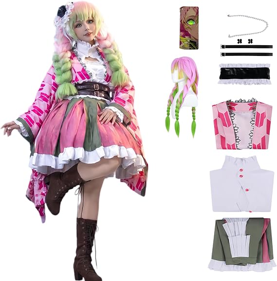Mitsuri Cosplay Full Set Anime Love Hashira Costume With Wig for Halloween | Mitsuri Full Set Cosplay With Wig Anime Demons Slayter Costume Women Plus Size kimono for Halloween Party