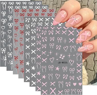 Heart Bows Nail Art Stickers Valentines Day Nail Supplies 3D Self Adhesive Hearts Nail Sticker Heart Love White Red Pink Bow Tie Nail Design Heart Bow Nail Decals for Women Manicure Fingernail Daily