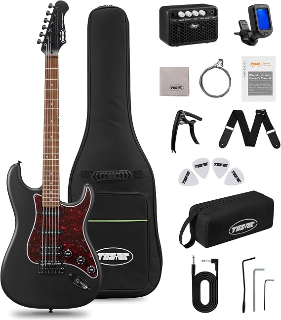 Tostar 39" HSS Electric Guitar Kit with Amp for Beginners-Matte Black | HSS Pickups, C-Shape Canadian Maple Neck, 2.7mm Jumbo Frets, Lightweight Eco-Composite Body, Tremolo Bridge, 5-Way Switch